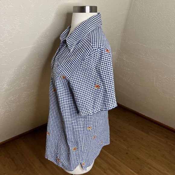 Quacker Factory Shirt Womens Medium Blue Gingham Crab Jeweled Print Button Up - Picture 6 of 9